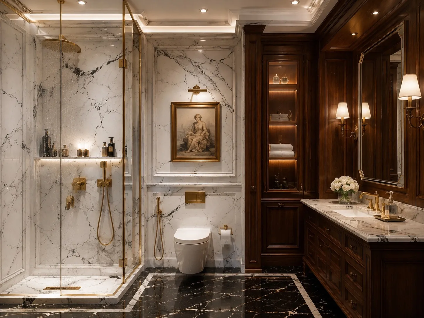 Master bathroom in white Statuario marble with a glass walk-in rain shower, brass fixtures, a dark walnut vanity, and a black marble floor