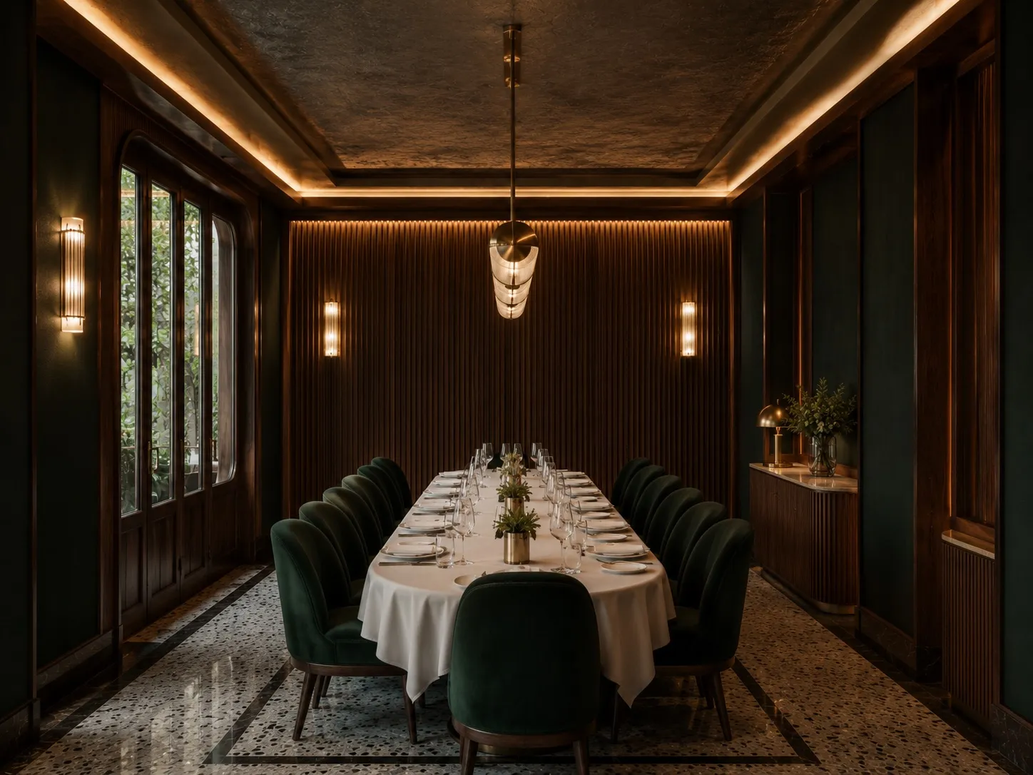 Private dining room with a long table for twelve, emerald velvet chairs, a fluted-wood feature wall, a brass pendant and wall sconces, and a terrazzo floor bordered in dark marble