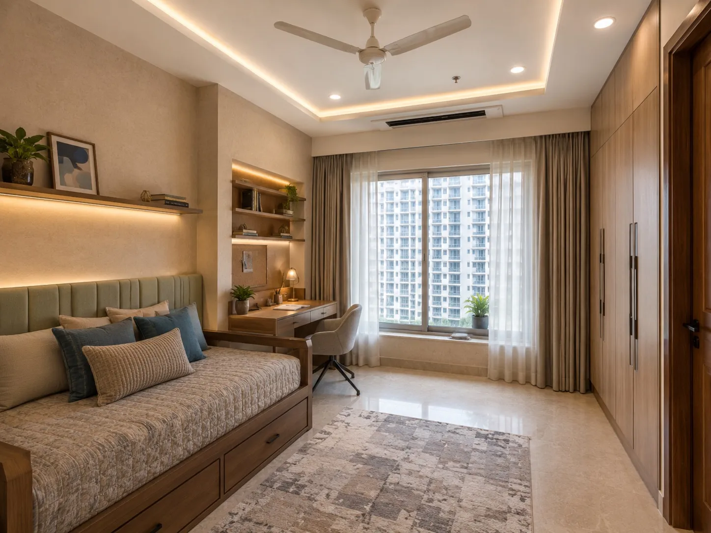 Study bedroom with a walnut daybed with drawer storage, a study desk and chair, backlit open shelving, a full-height wardrobe, and a large window with a city view