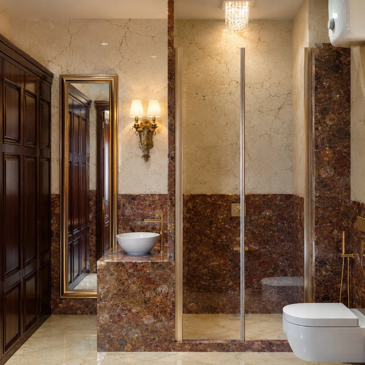 Guest bathroom with brown granite and beige marble walls, walnut cabinetry, a vessel basin, and a glass shower enclosure