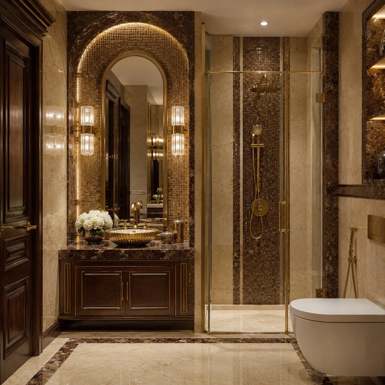 Guest bathroom with a brown mosaic-tiled arched mirror niche, a gold fluted vessel basin on a dark-wood vanity, crystal wall sconces, and a glass mosaic shower
