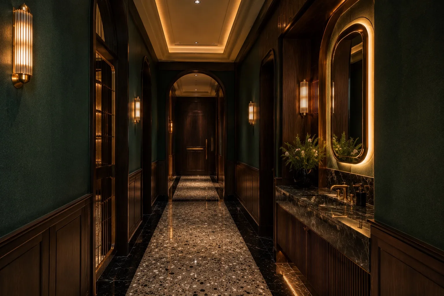 Washroom corridor in deep green with walnut wainscoting, ribbed-brass wall sconces, arched doorways, and a dark marble vanity with a backlit oval mirror and fresh flowers over a terrazzo-and-marble floor