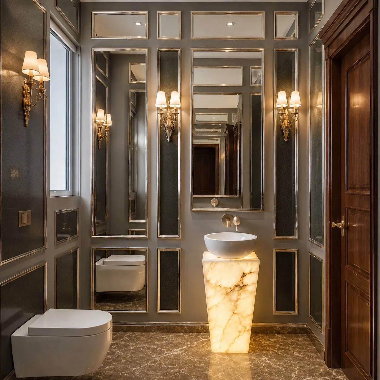Powder room with silver-framed mirrored wall panelling, a backlit onyx pedestal basin, and brass wall sconces