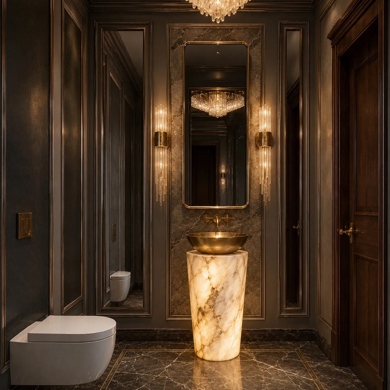 Powder room with dark charcoal panelling and gold trim, a backlit onyx pedestal basin with a gold bowl, crystal-and-brass wall sconces, and a crystal chandelier
