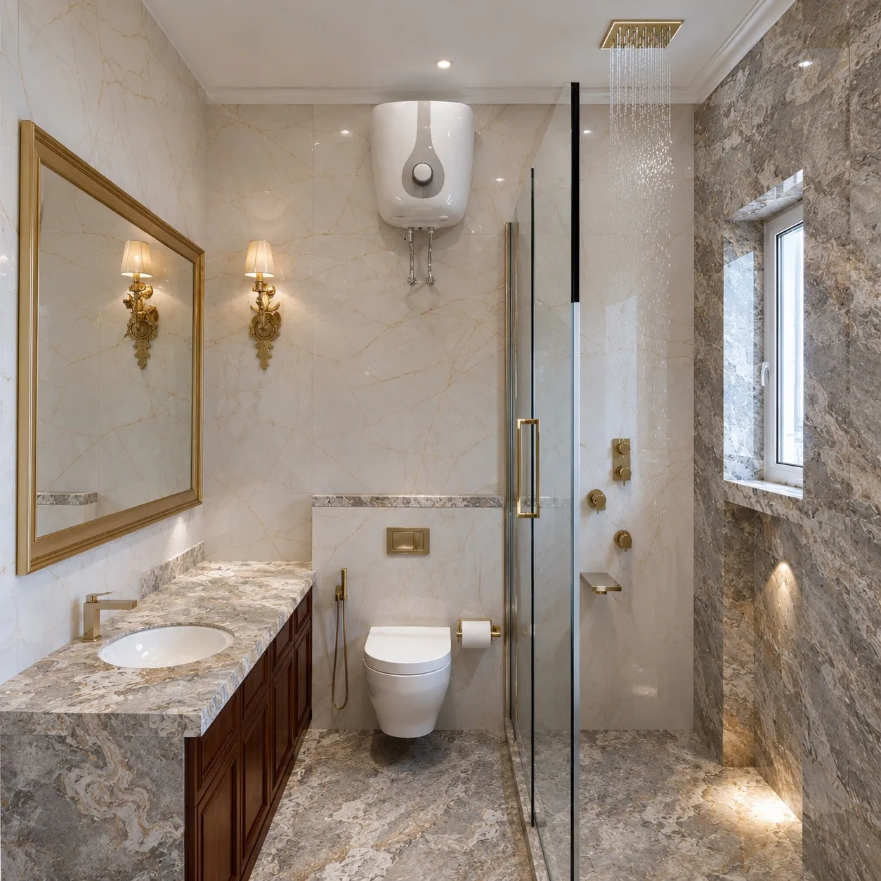 Family bathroom with beige marble and grey stone walls, a walnut vanity with a patterned stone top, and a rain shower