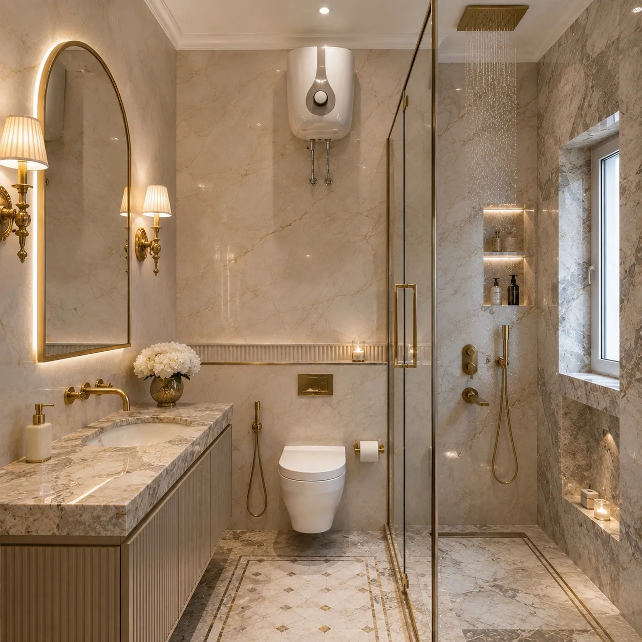 Family bathroom in beige-and-gold marble with an arched backlit gold-framed mirror, a fluted vanity, gold fittings, and a glass rain shower