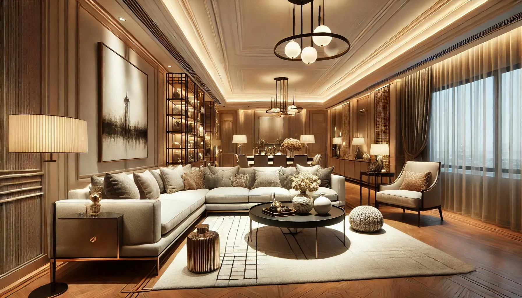 Luxury villa living room with custom furniture and layered finishes