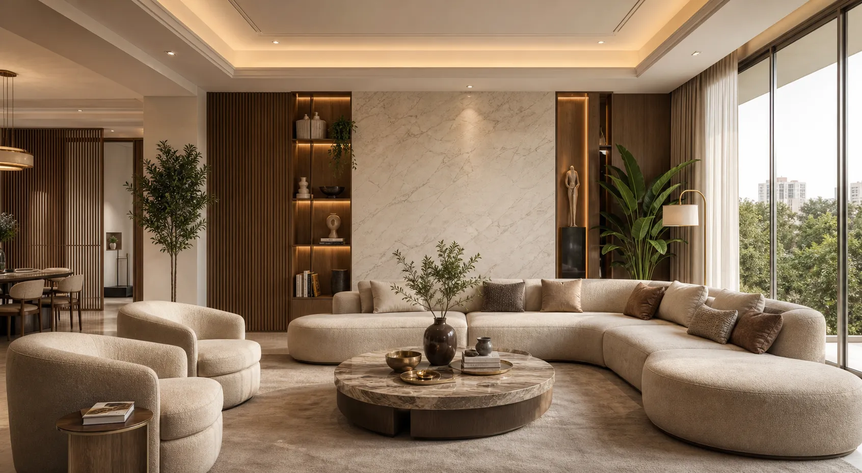 Luxury contemporary living room with sculpted seating, marble wall detailing, and warm wood finishes