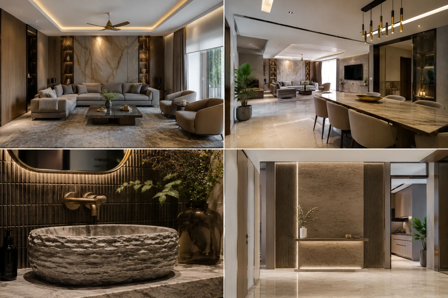 Collage showing a warm living room with stone and wood paneling, a dining area with a stone table, a rough-hewn stone washbasin against ribbed walls, and a textured plaster hallway console.