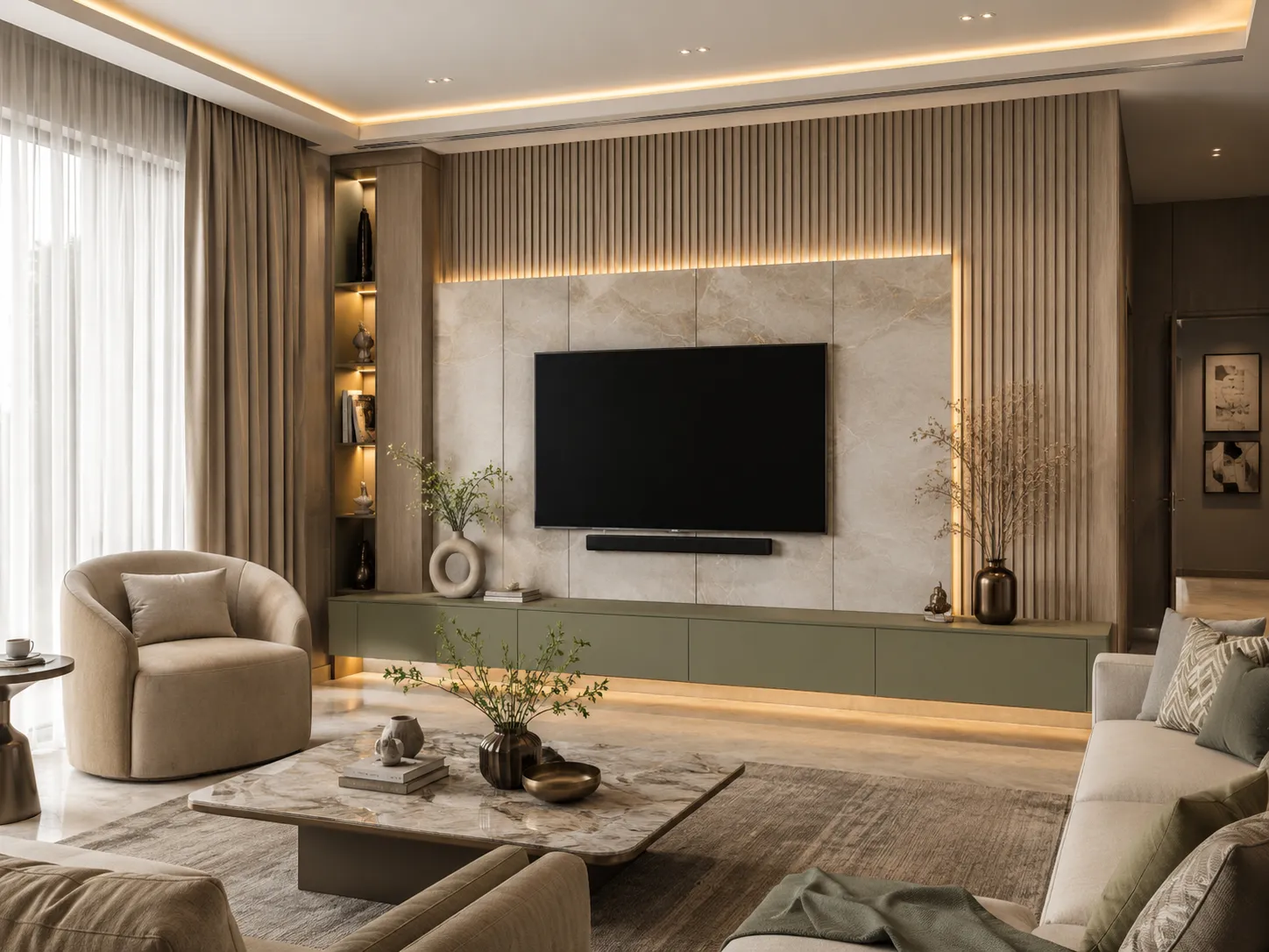 Light fluted wood TV wall with a central beige marble slab, warm LED backlighting, and a long olive green floating console, accompanied by a beige curved armchair and marble coffee table.