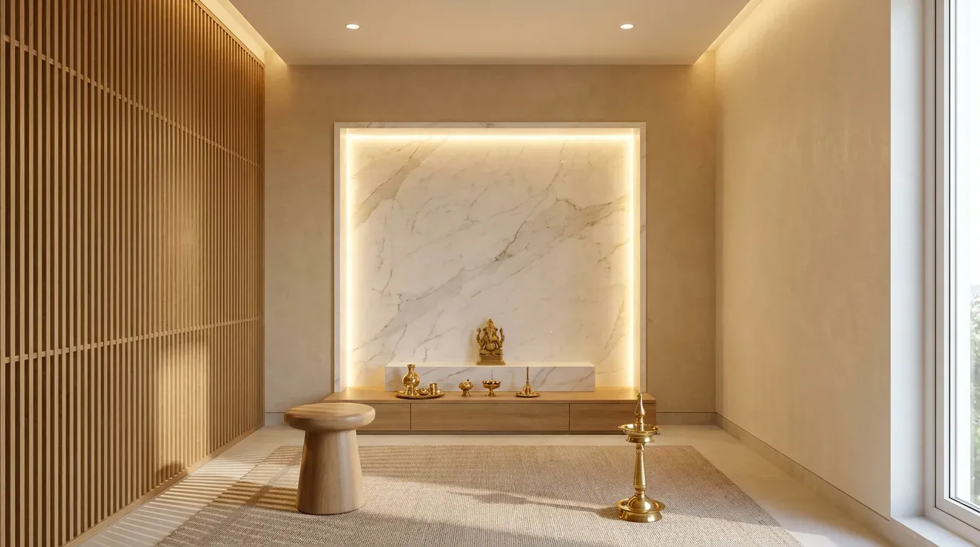 Modern luxury pooja room with backlit marble mandir and fluted wood partition in a Delhi NCR home.