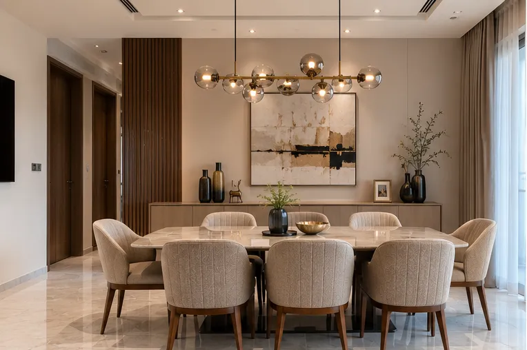 Wide view of a neutral-toned luxury dining room featuring a large marble-top table, eight beige upholstered chairs with wooden legs, a multi-globe glass and brass chandelier, a custom wooden console, and slatted wood wall paneling.
