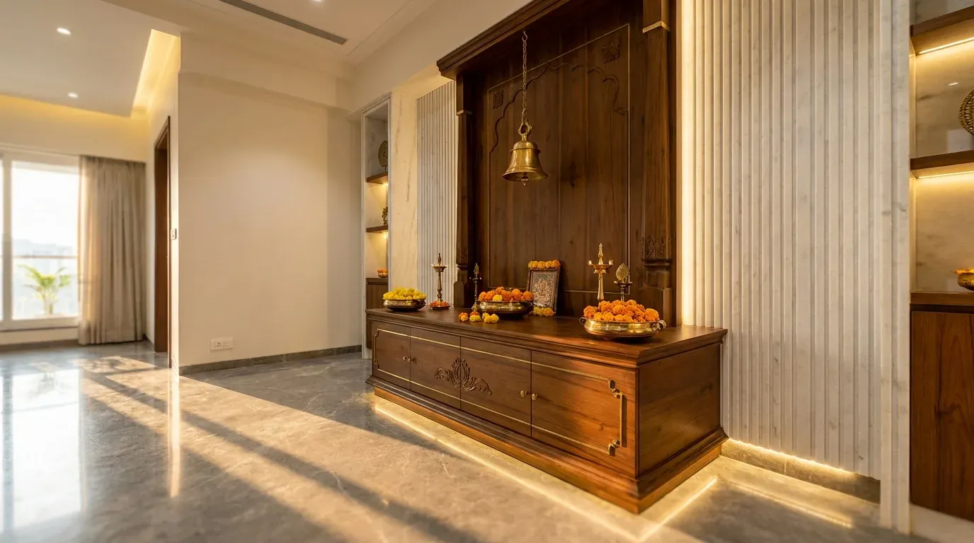 A serene luxury pooja room with a teak wood altar against white marble, bathed in morning light.
