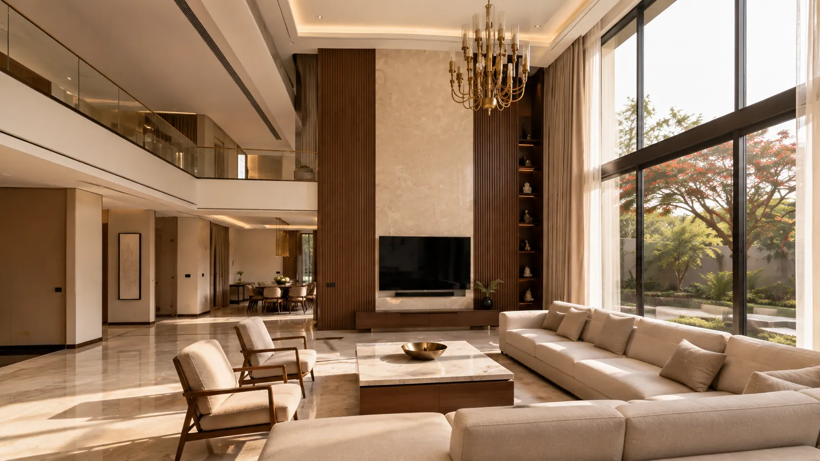 A luxurious double-height living room featuring a floor-to-ceiling marble and fluted wood TV wall, a multi-tiered brass chandelier, a large cream L-shaped sectional sofa, and massive glass windows looking out to a green garden.