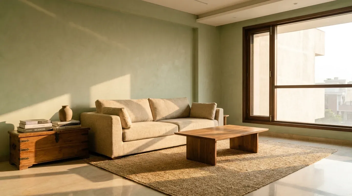 Quiet luxury living room in Delhi NCR with sage lime wash walls, oat linen sofa, and walnut wood furniture in warm afternoon light.