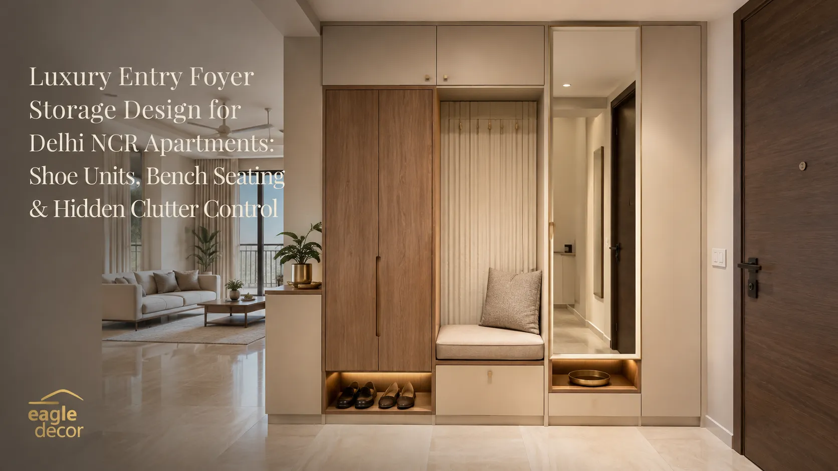 Custom luxury foyer unit in a Delhi apartment featuring a warm wood wardrobe, cream fluted paneling behind a seating bench, a tall mirror, and LED-lit open shoe storage.