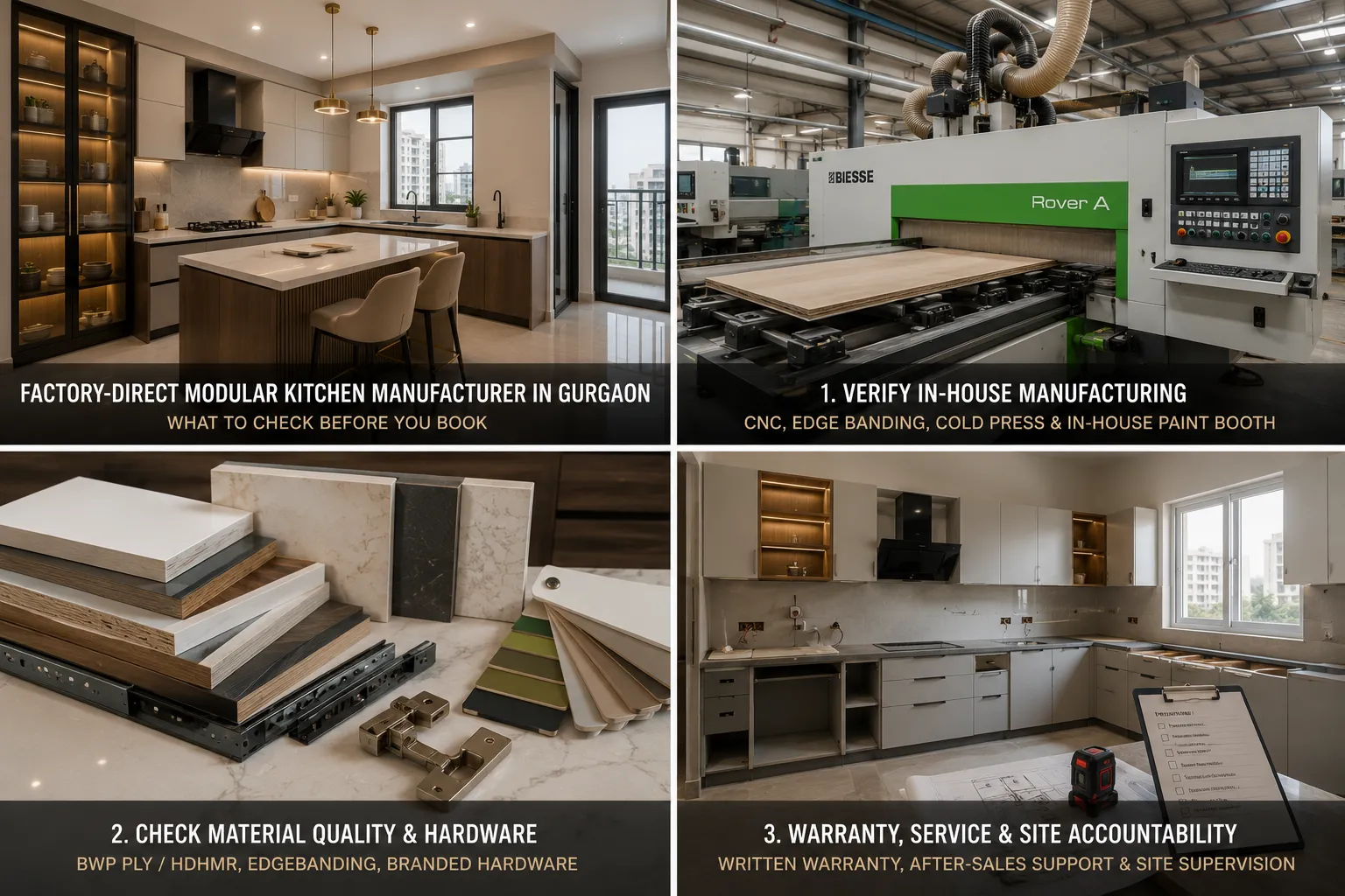 A collage showing a finished luxury kitchen, a Biesse CNC machine in a factory, a collection of plywood and stone material samples, and an under-construction kitchen being measured with a laser level.