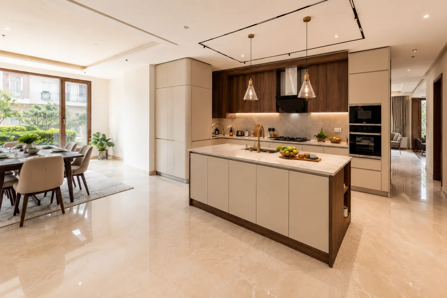 Wide view of a modern kitchen featuring a beige island with a light stone countertop, dark wood upper cabinets, built-in appliances, and an adjacent dining area looking out to a garden.
