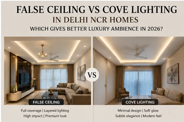 Side-by-side comparison of a living room with a full false ceiling featuring a chandelier and recessed lights versus a minimal cove lighting setup with a soft perimeter glow.