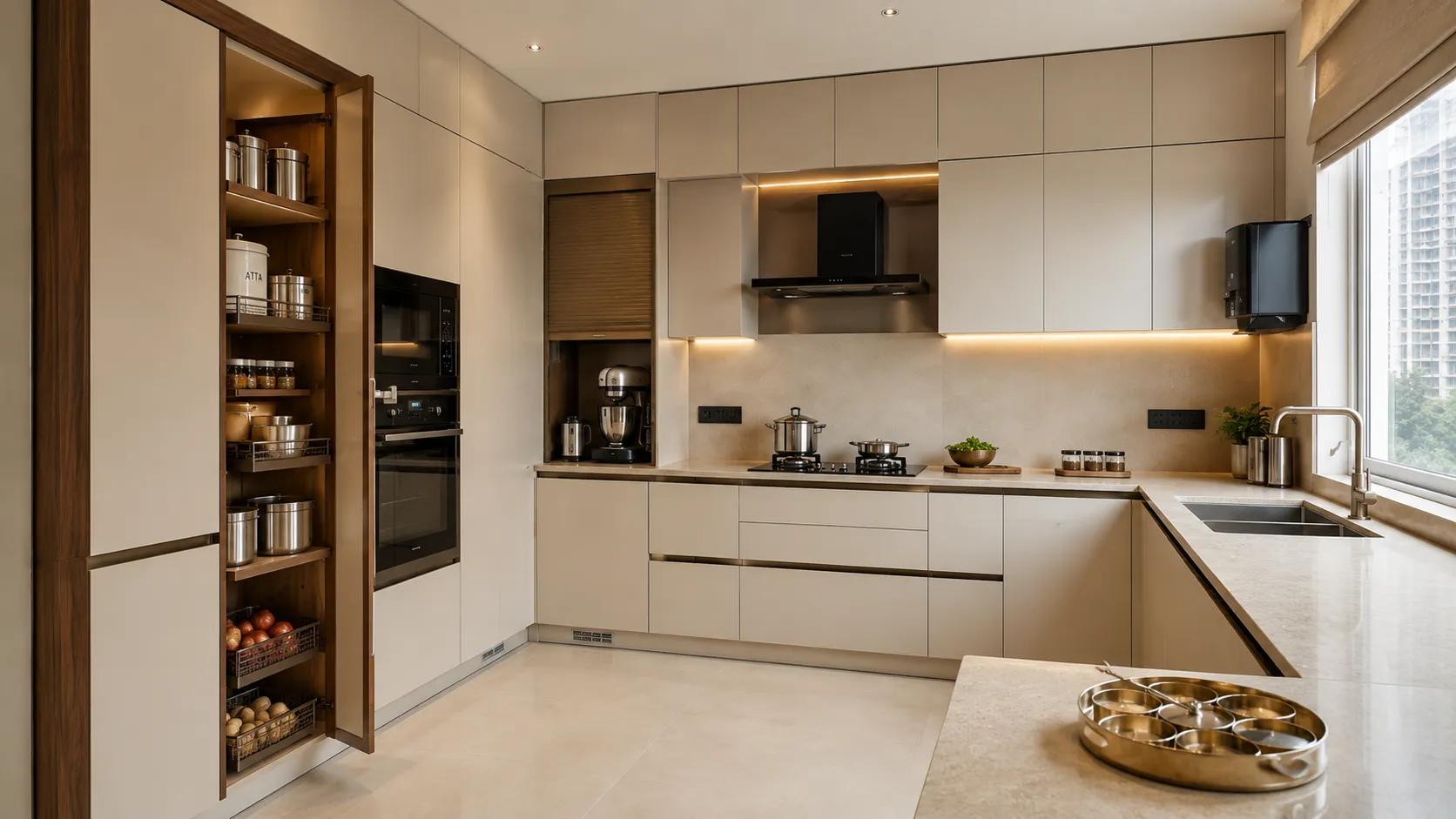 Wide view of a beige handle-less modular kitchen featuring a tall open pantry with wire baskets, built-in black ovens, and an appliance garage with a roller shutter.