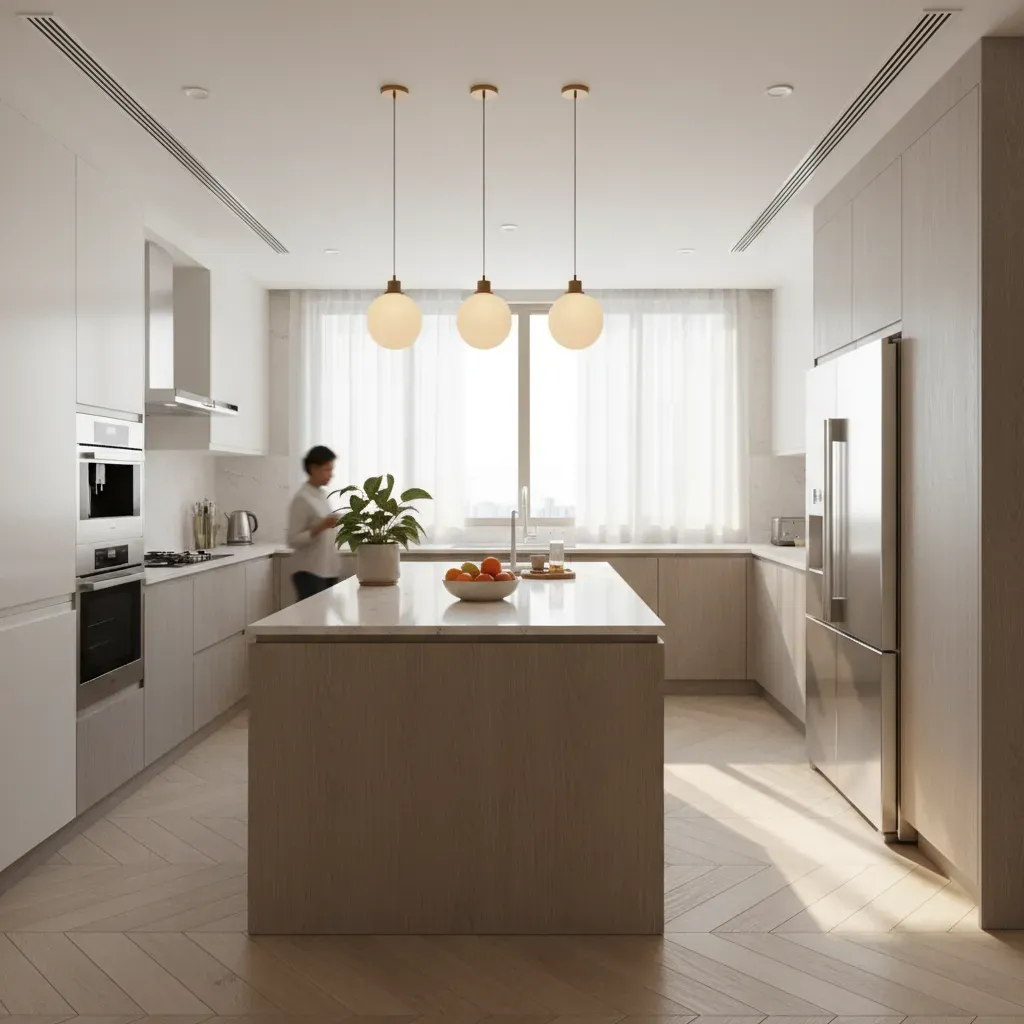 Elegant U-shaped modular kitchen with island in a Gurugram home