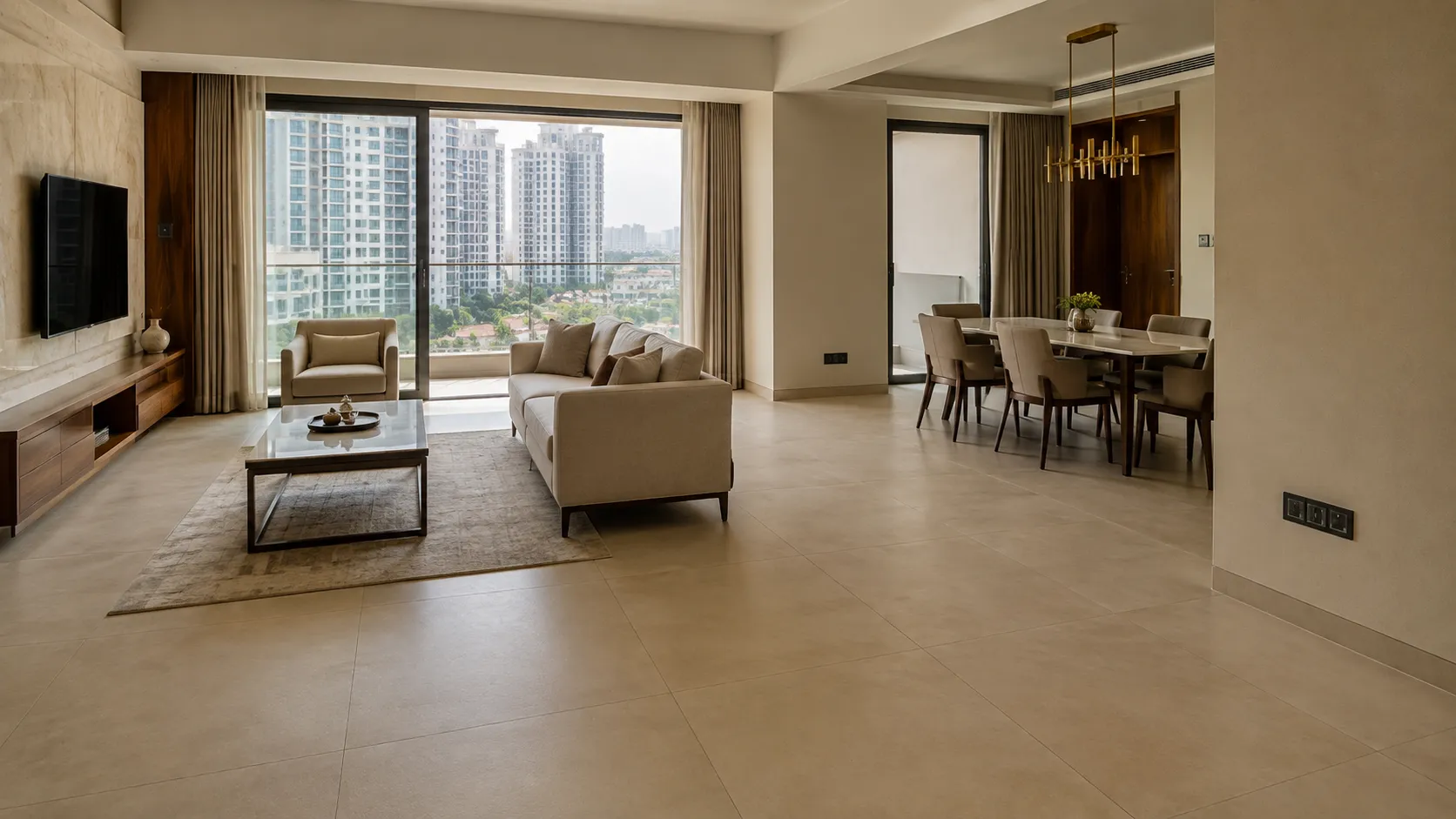 Expansive living and dining room in a high-rise apartment featuring large-format matte beige floor tiles, a light beige sofa, and wooden TV unit.