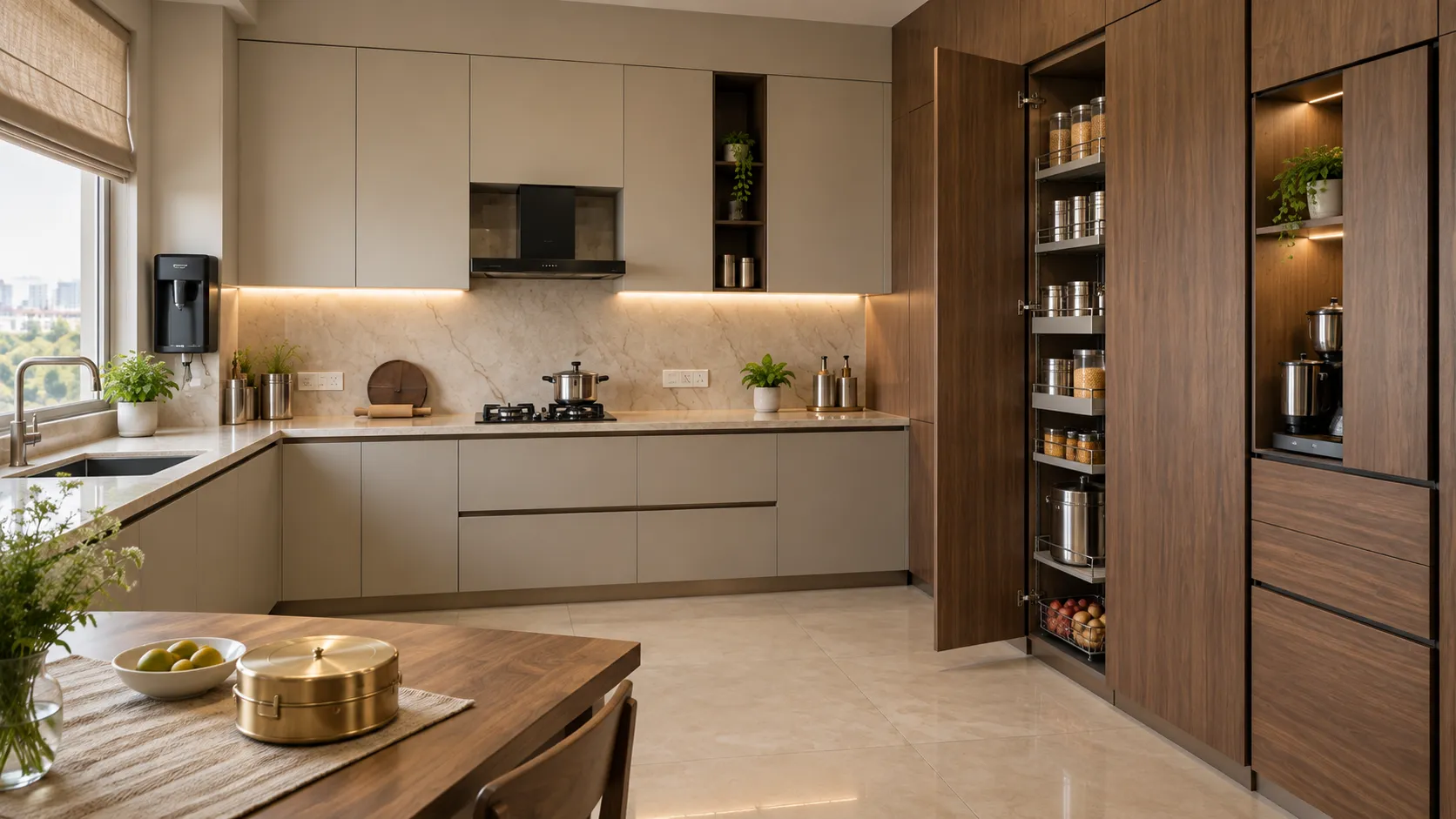 Modern Indian kitchen featuring warm neutral handle-less cabinets and an open floor-to-ceiling wooden pantry with pull-out wire baskets.