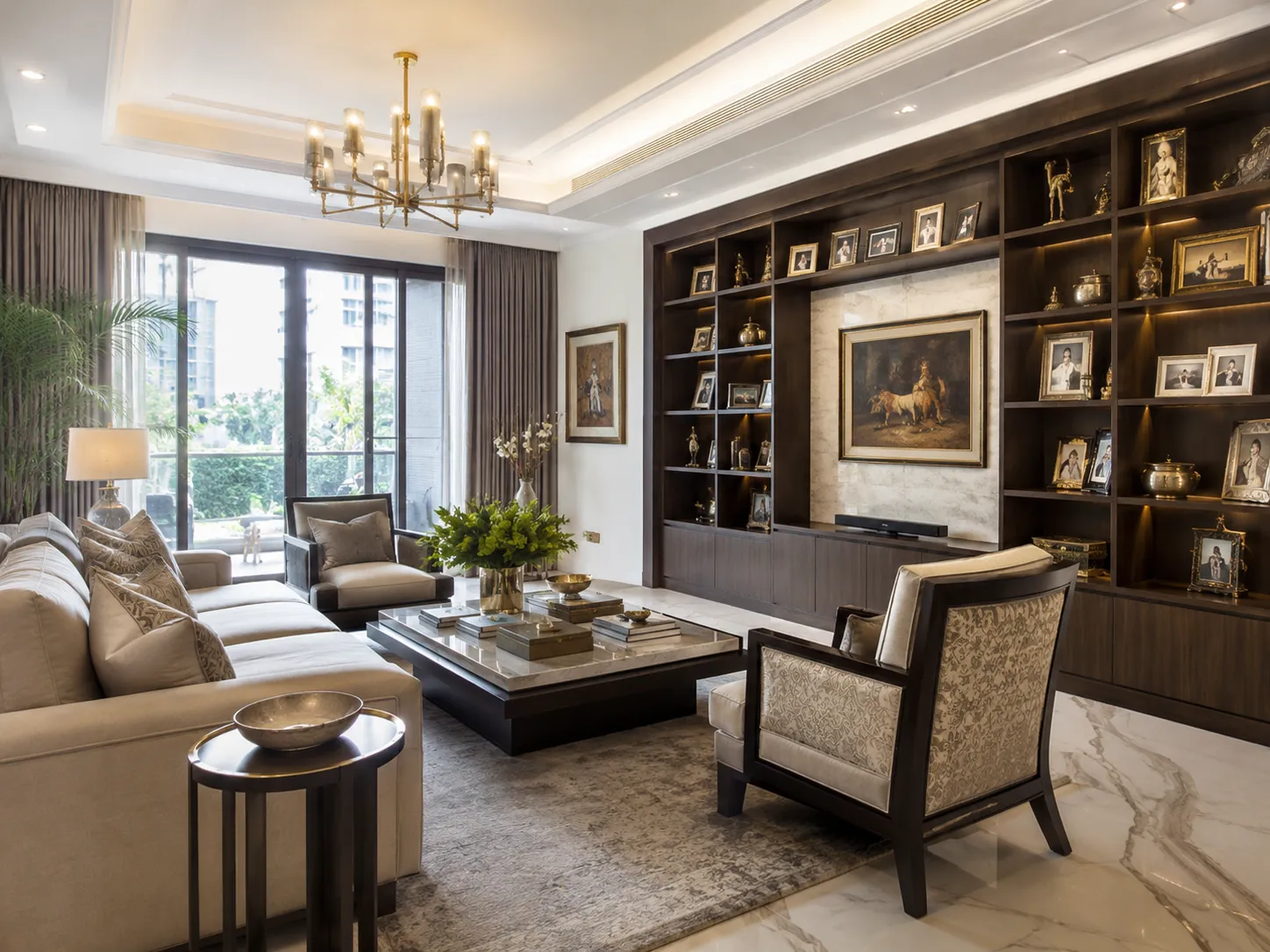 Wide view of a luxury living room featuring a massive dark wood display unit filled with brass artifacts and framed photos, neutral sofas, and a marble floor.