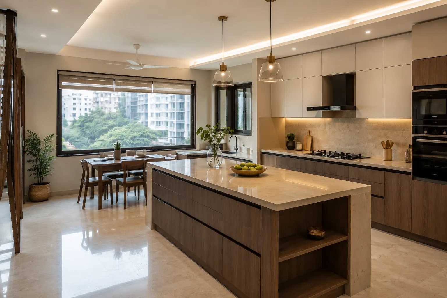 Luxury modular kitchen featuring a large island with a light stone countertop, wood-grain base cabinets, beige upper cabinets, built-in ovens, and glass pendant lights over a dining area near a large window.