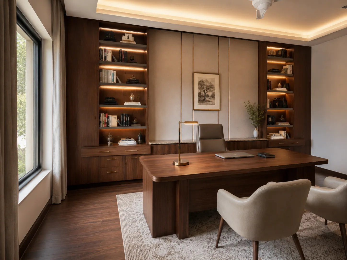 Wide view of a luxury home office featuring a dark wood executive desk, taupe leather chair, and custom bookshelves with warm LED lighting.