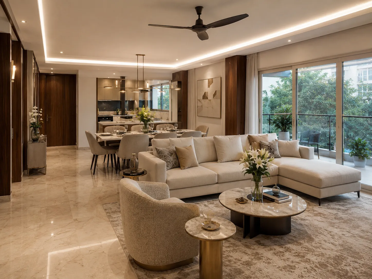 Open concept luxury living and dining area featuring reflective marble flooring, a cream L-shaped sofa, wood-paneled pillars, and floor-to-ceiling glass doors opening to a balcony.