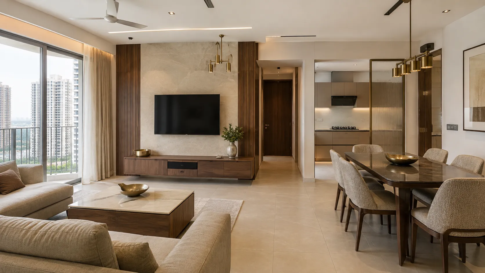 Open plan living and dining room with a marble TV backdrop, wooden paneling, beige sofas, and a dark marble dining table under brass pendant lights.