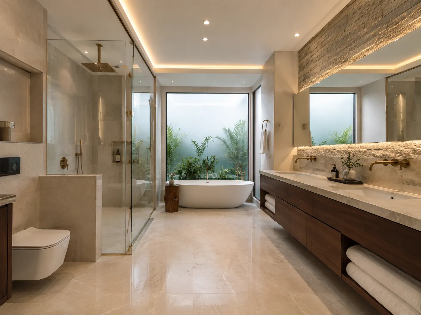 Luxury spa-like bathroom featuring a freestanding white oval tub near a frosted window with tropical plants, a glass-enclosed rain shower, and a dark wood floating vanity with beige marble.