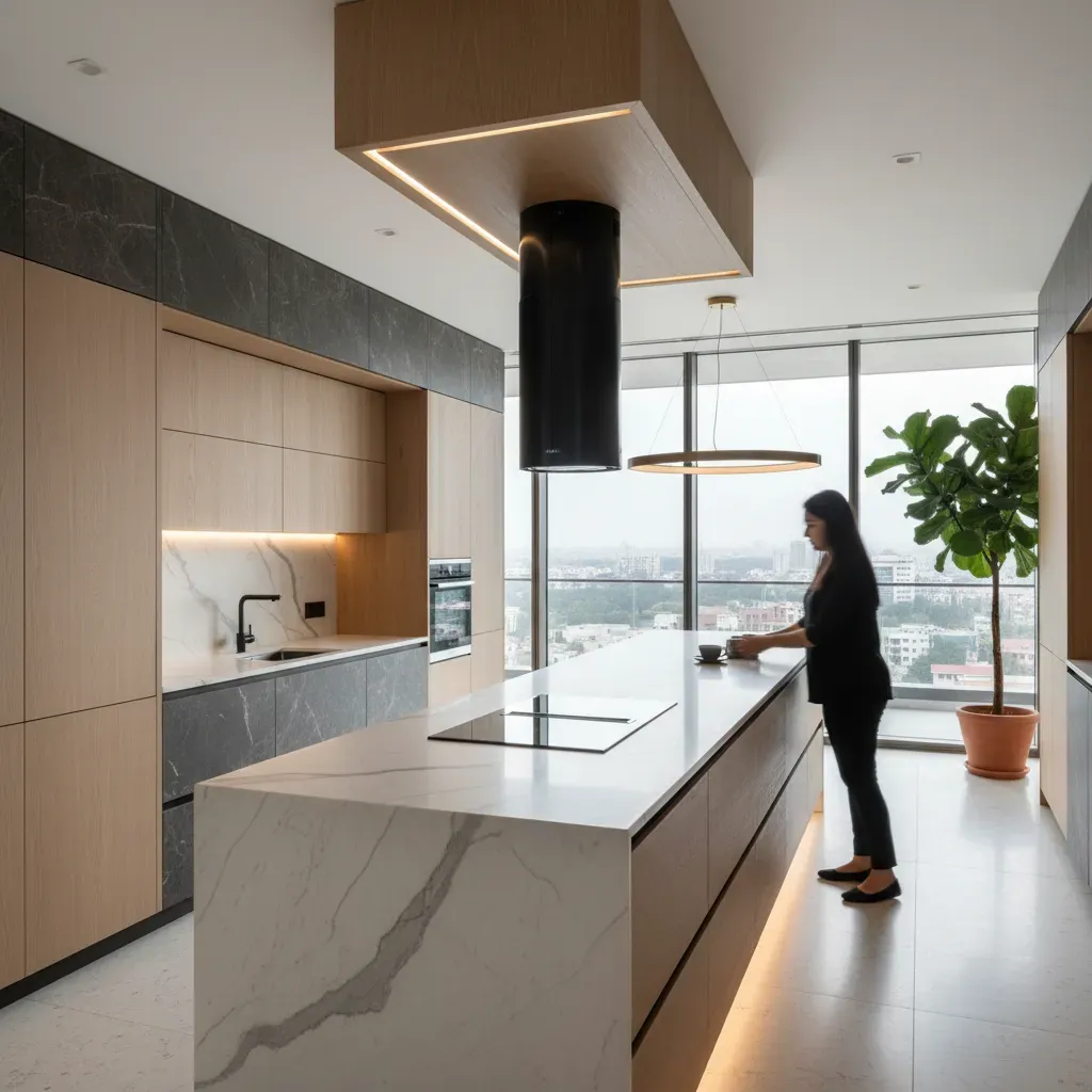 A luxury modular kitchen island with integrated induction hob and chimney in a Delhi NCR home.