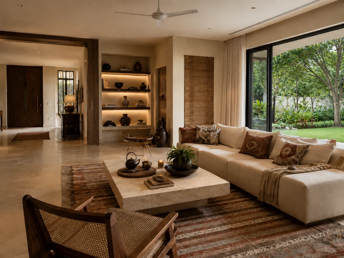 Luxury living room combining contemporary modular seating with traditional Indian craft — a patterned kilim rug, solid stone table and lit shelves of pottery — illustrating how historical design traditions carry into modern interiors.