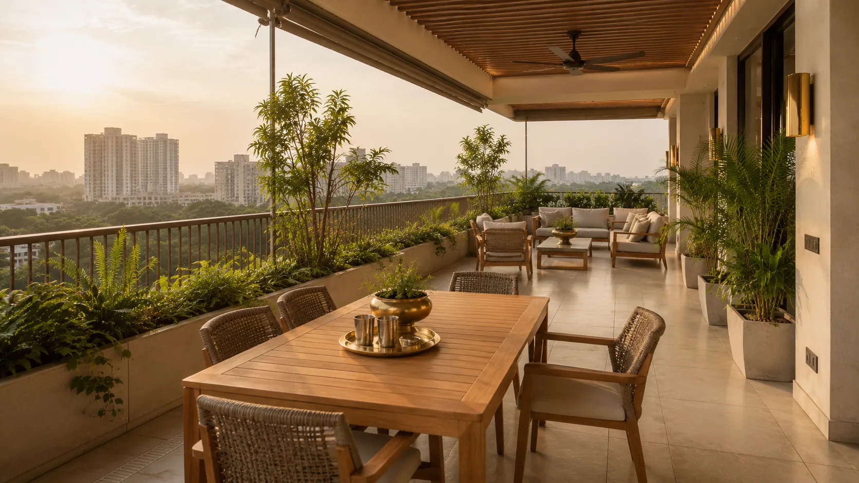 Spacious high-rise terrace at sunset featuring a wooden dining table with woven chairs, a lounge area, lush perimeter planters, and a slatted wood ceiling with a fan.