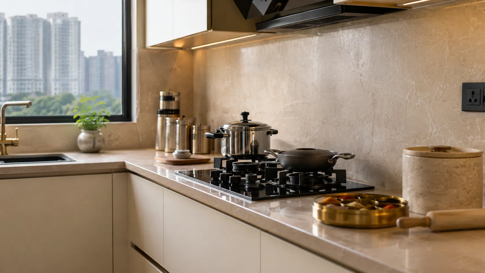 Close-up of a modern kitchen featuring a beige stone countertop, black glass gas hob with stainless steel cookware, brass spice box, and a window overlooking high-rise buildings.