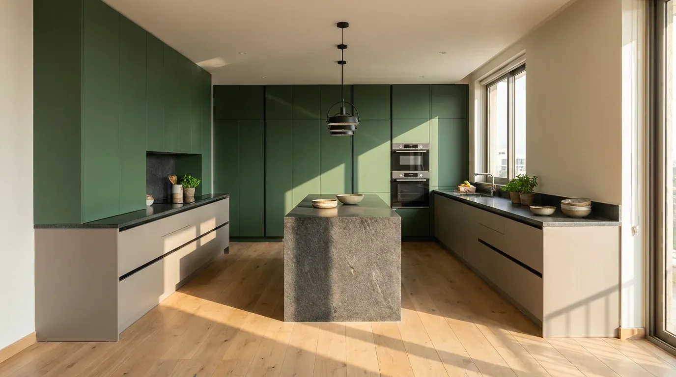 Luxury matte green and greige modular kitchen with honed granite island in a Gurugram home