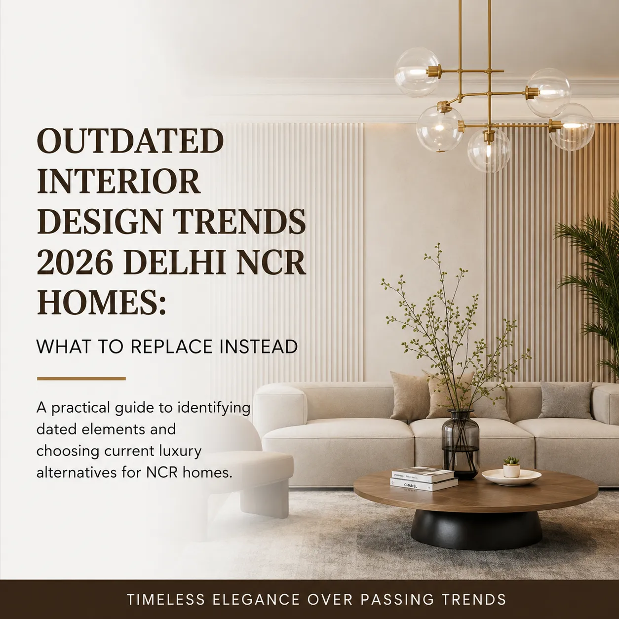 A modern living room featuring a beige sofa, fluted beige wall panels, a round wood and black coffee table, and a contemporary brass globe chandelier.
