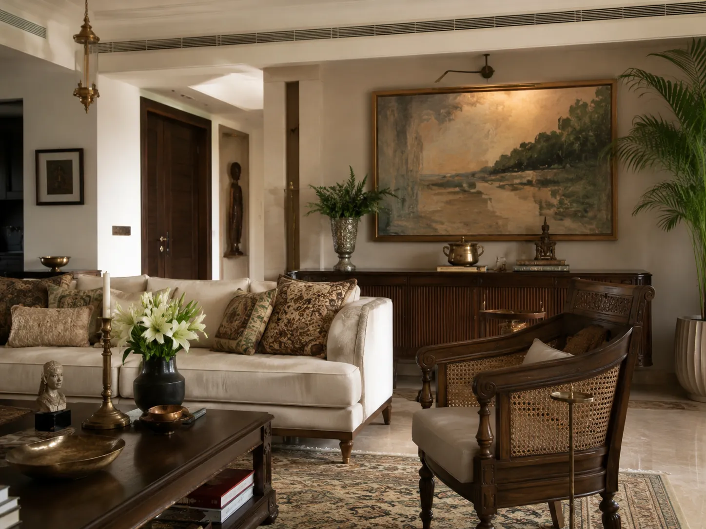 A warm luxury living room featuring a cream sofa with patterned cushions, a wooden armchair with cane detailing, brass bowls on a dark wood coffee table, and a large landscape painting over a fluted sideboard.