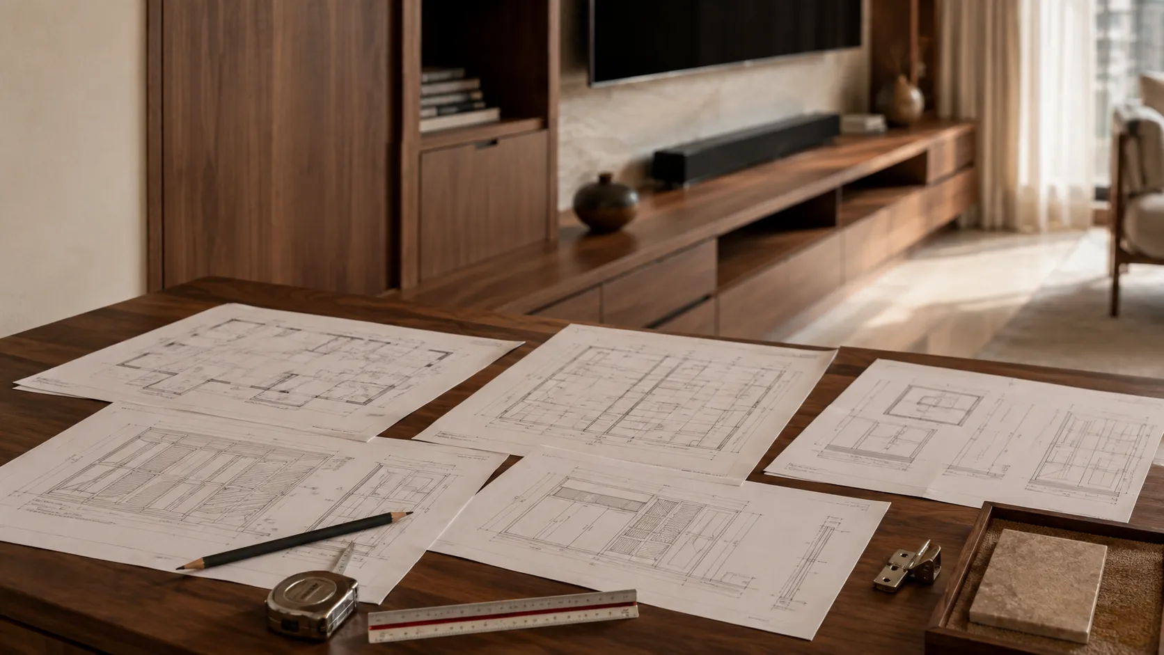 Close-up of a wooden drafting table with architectural floor plans, a pencil, metal measuring tape, ruler, and stone samples, with a blurred walnut-finish TV unit in the background.