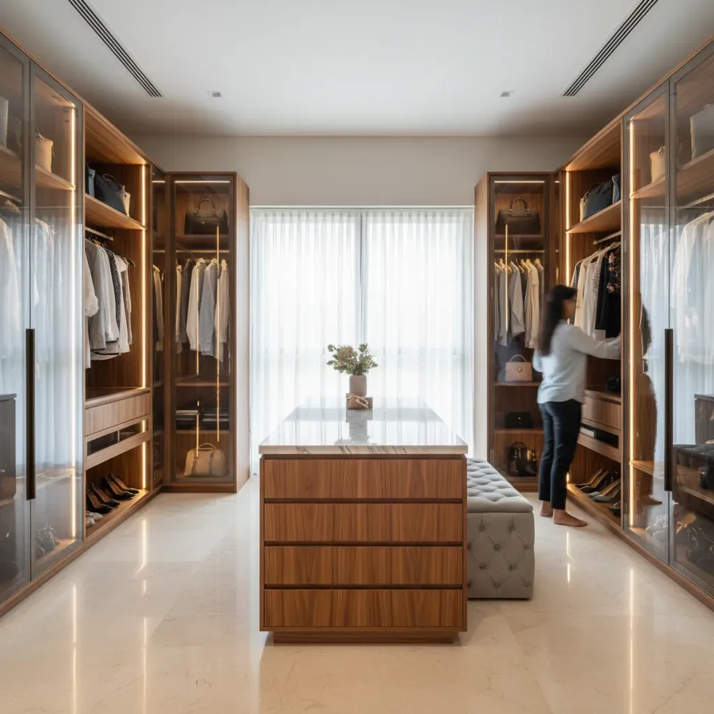 Luxury custom walk-in wardrobe in a Gurugram master bedroom with wood veneer finish and integrated lighting