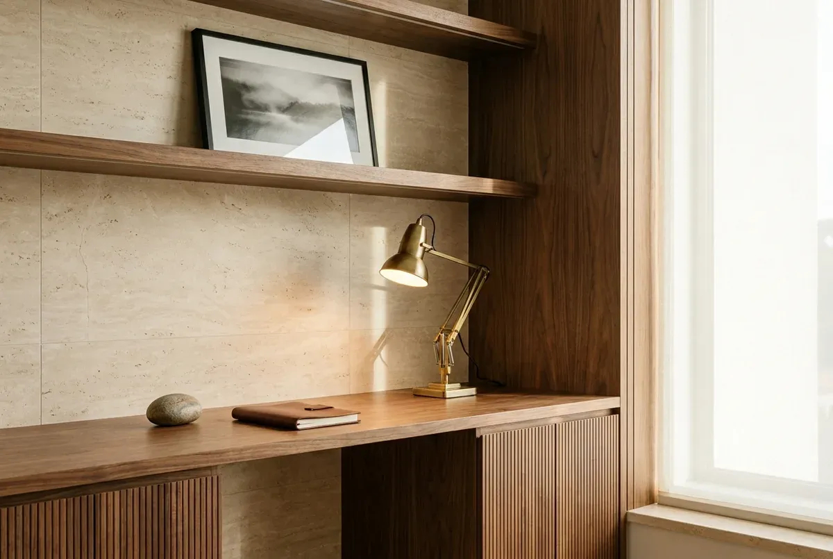 Close-up detail of a quiet luxury study nook with fluted walnut cabinetry, honed travertine wall, and brass desk lamp.