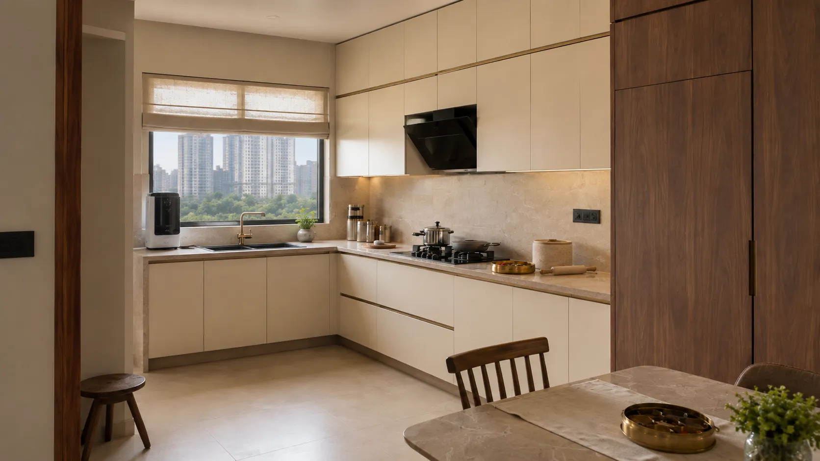 Wide view of an L-shaped kitchen with handleless cream cabinets, a dark wood tall unit, black angled chimney, and a dining table in the foreground.