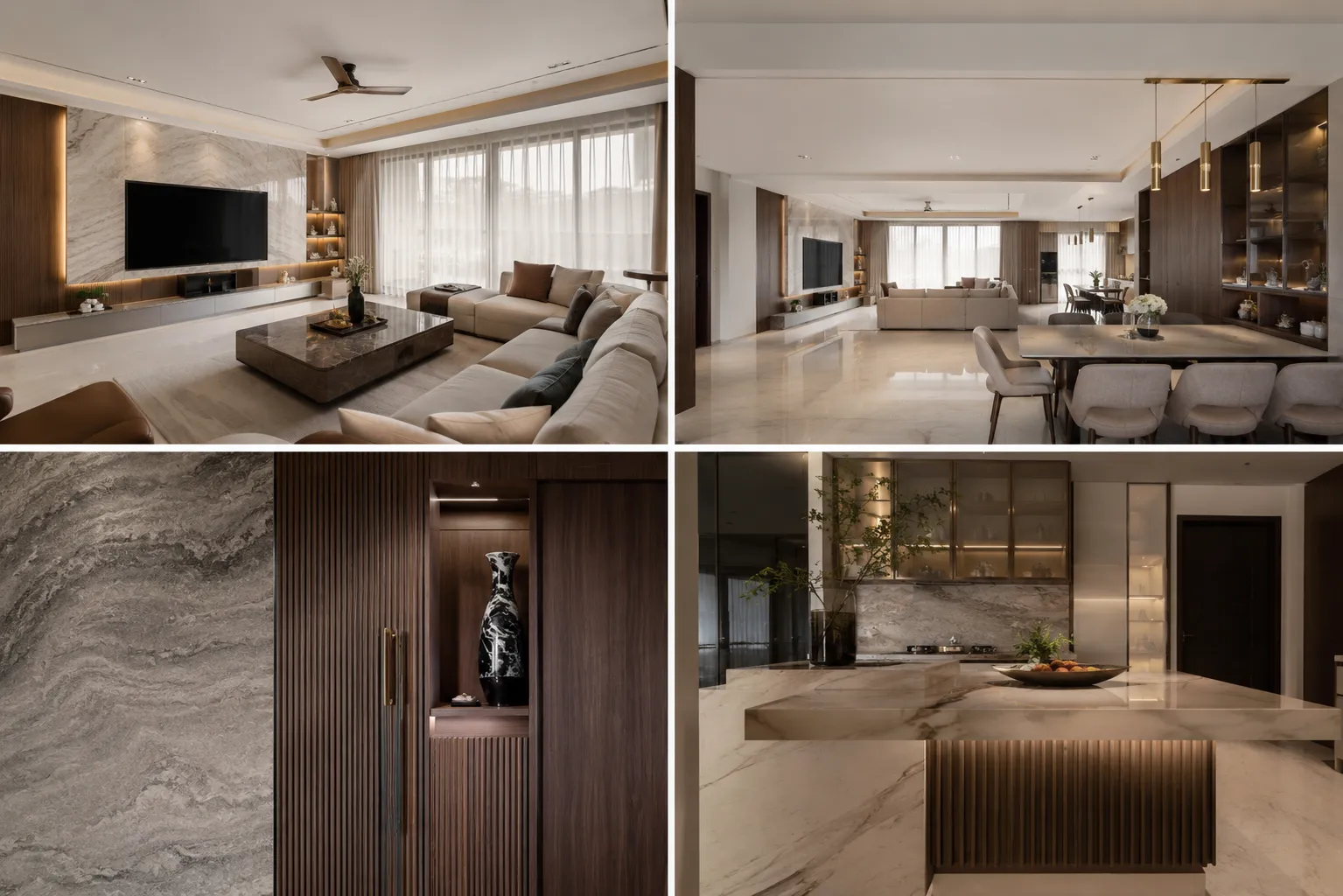 Collage featuring a bright living room with a marble and ribbed wood TV wall, an open-plan dining space, a close-up of grey stone meeting walnut wood, and a marble kitchen island with a ribbed wood base.