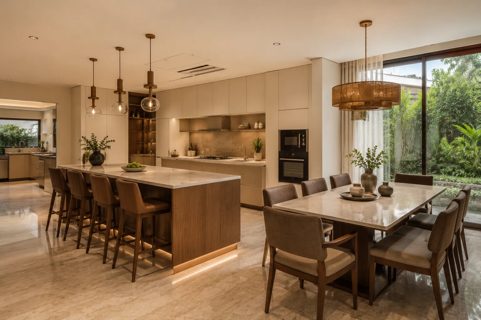 Modern kitchen and dining area featuring handleless beige cabinetry, a marble island with leather bar stools, woven pendant lights, and a large marble dining table.