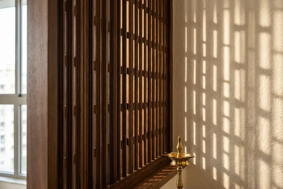 Close-up detail of fluted walnut wood jaali partition with light and shadow.