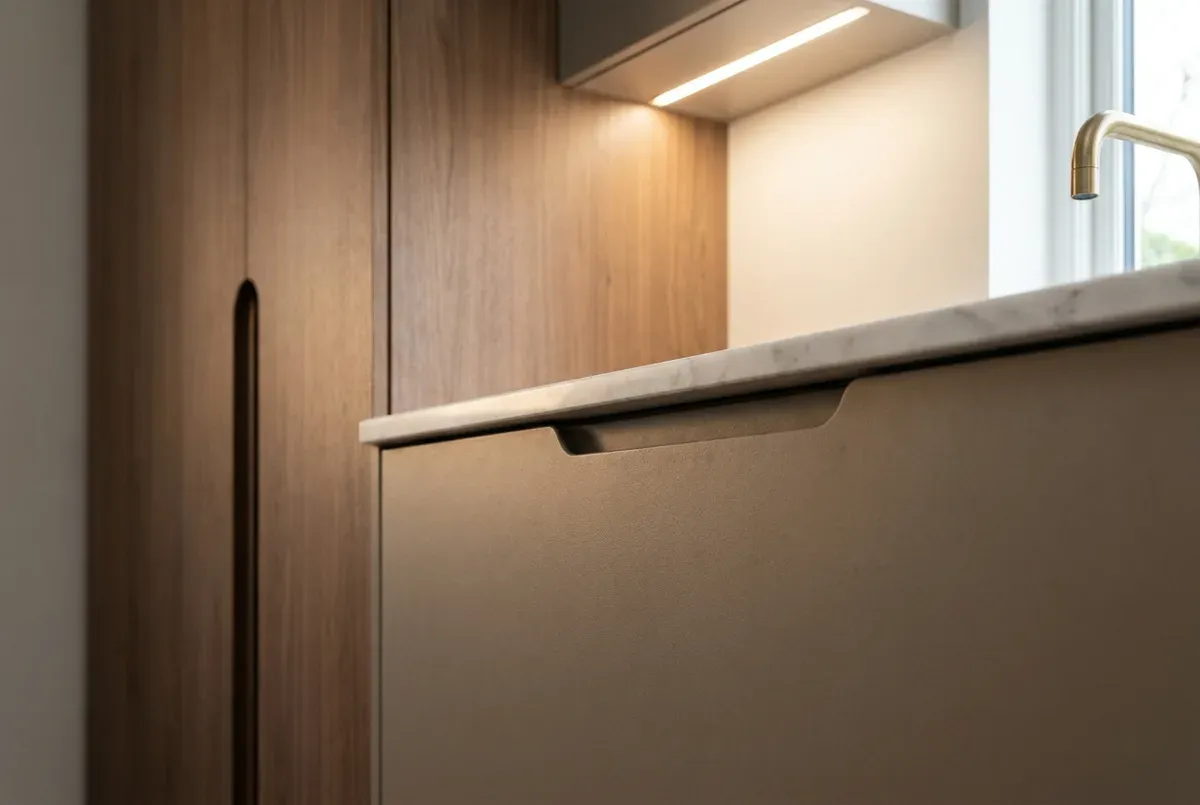 Close-up detail of matte taupe laminate and walnut veneer cabinet textures with brushed brass hardware