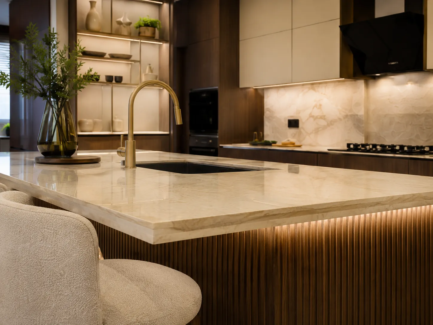 Close-up of a kitchen island with a thick veined stone countertop, brushed gold faucet, black sink, and under-counter LED lighting highlighting a fluted wood base.