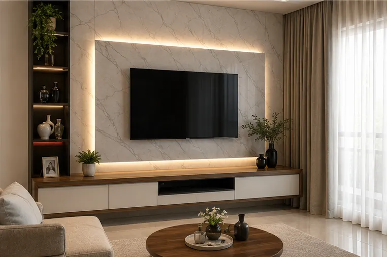 Modern living room featuring a flat-screen TV mounted on a white marble-textured back panel with warm LED edge lighting, flanked by a tall dark wood open shelving unit and a floating console.
